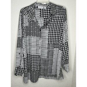 Susan Graver Top Size 16 Black Ivory Geometric Houndstooth Abstract Roll Tab